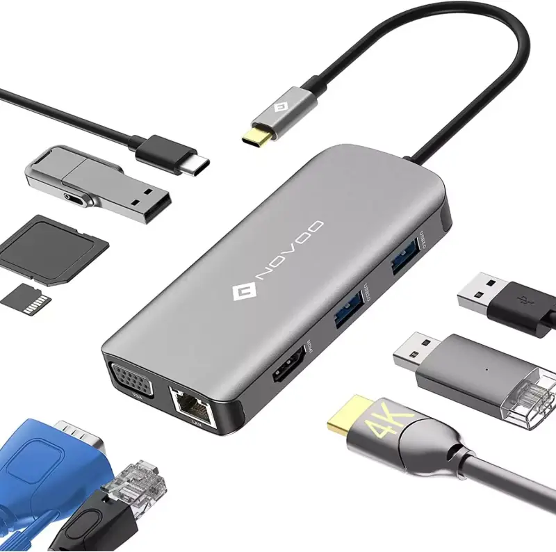 Adaptador USB C Hub 9 en 1 con doble display, Ethernet Gigabit y puerto C 100W PD para MacBook Pro XPS Adaptador USB C Hub 9 en 1 con doble display, Ethernet Gigabit y puerto C 100W PD para MacBook Pro XPS