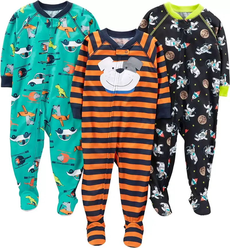 Pijamas con pies para bebé: Pack de 3, Naranja/azul/verde, 12 meses. Pijamas con pies para bebé: Pack de 3, Naranja/azul/verde, 12 meses.