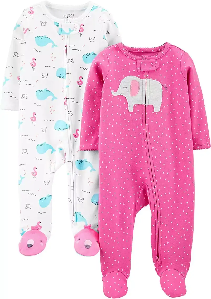 Pelele de algodón con pies para bebé niña de 3-6 meses en rosa con elefante/ballenas: Pack de 2. Pelele de algodón con pies para bebé niña de 3-6 meses en rosa con elefante/ballenas: Pack de 2.
