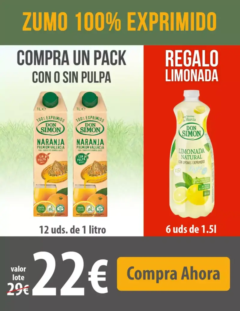 12x1L Zumo Naranja (con o sin pulpa) + 6x1,5L Limonada de Regalo + envío gratis 12x1L Zumo Naranja (con o sin pulpa) + 6x1,5L Limonada de Regalo + envío gratis