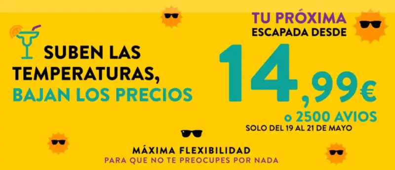 Vuelos directos desde 14,9€ o 2500 Avios solo del 19 al 21 de mayo en Vueling Vuelos directos desde 14,9€ o 2500 Avios solo del 19 al 21 de mayo en Vueling