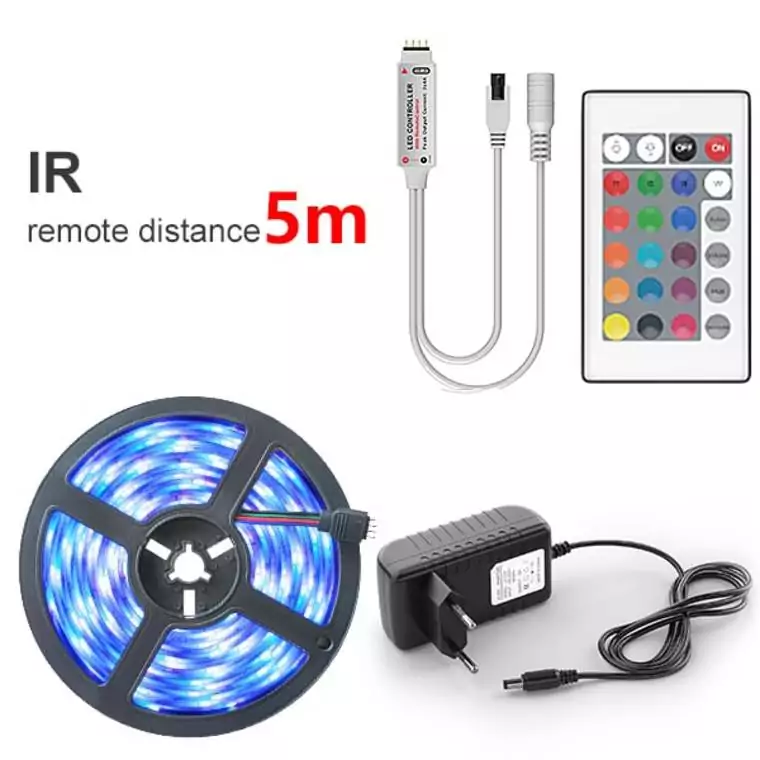 Tira de luces LED RGB 5M + Adaptador AC + Control Remoto IR Tira de luces LED RGB 5M + Adaptador AC + Control Remoto IR
