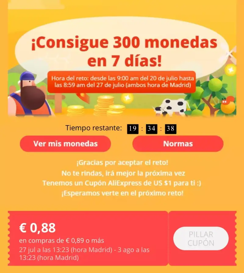 Cupón 0,88€ de dto. para pedidos +0,89€ en Aliexpress Cupón 0,88€ de dto. para pedidos +0,89€ en Aliexpress