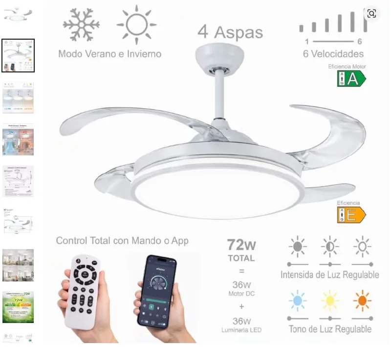 Ventilador techo con aspas retráctiles + luz LED Ventilador techo con aspas retráctiles + luz LED