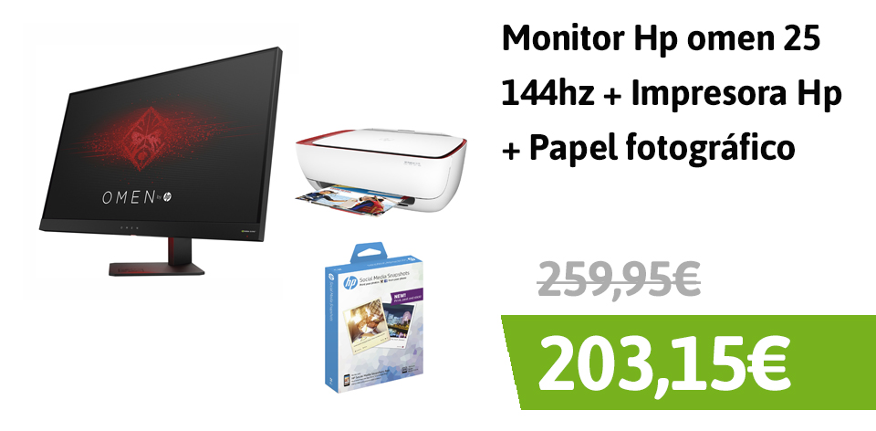 Monitor Hp omen 25 FHD 144hz + Impresora HP DeskJet 3635 AiO +  Papel Fotográfico Adhesivo solo 203,15€
