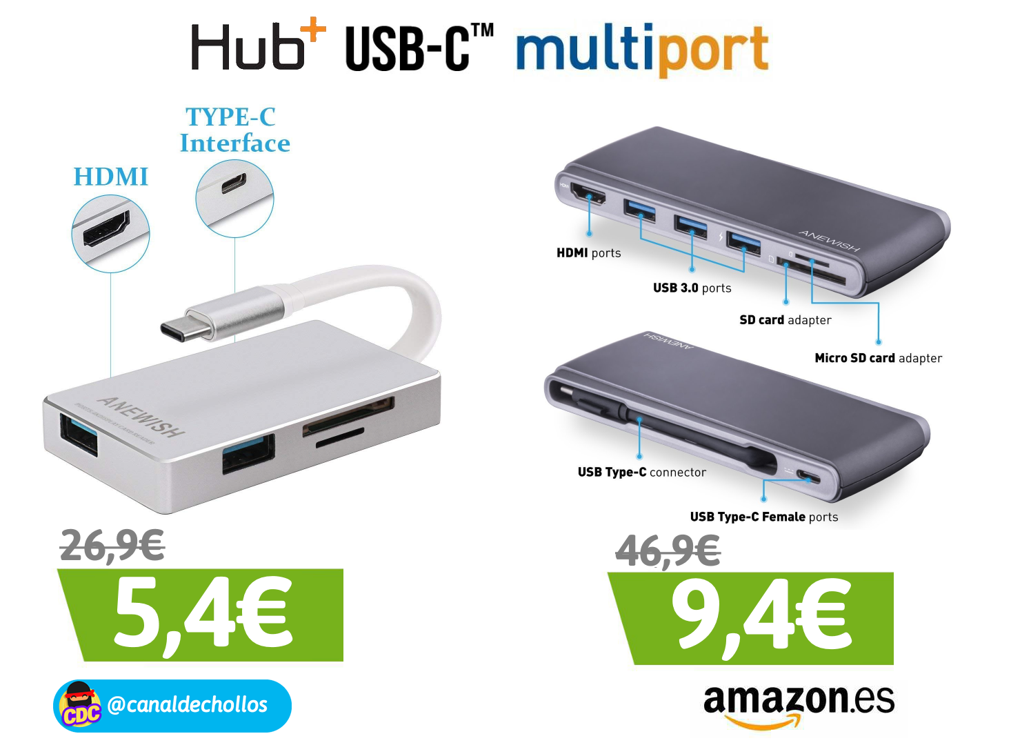 Hub USB C 4 en 1 5,4€