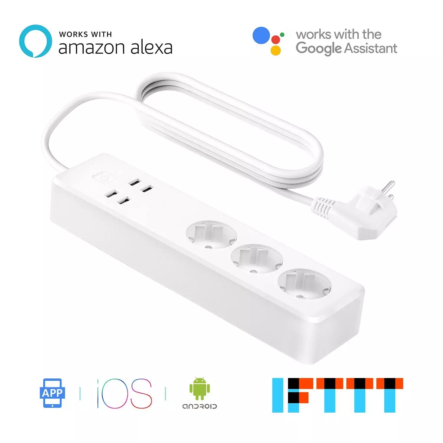 Regleta inteligente WiFi con 3 enchufes y 4 puertos USB Regleta inteligente WiFi con 3 enchufes y 4 puertos USB