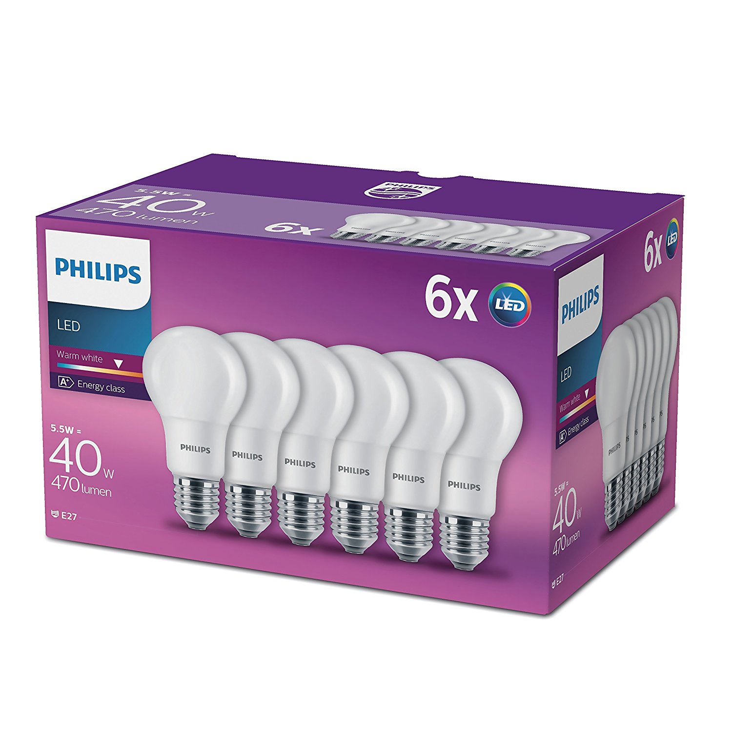 Pack 6 bombillas Led E27 Philips 6W