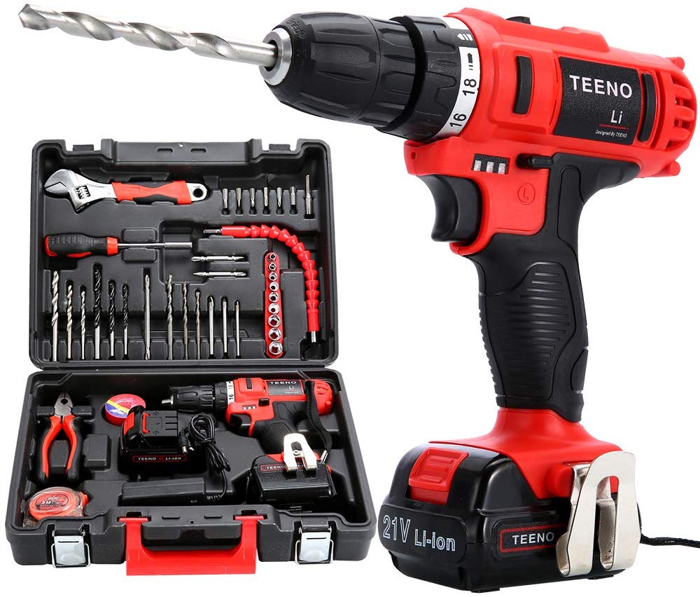 TEENO taladro sin cable 21V+2 baterías de iones de litio+41 accesorios