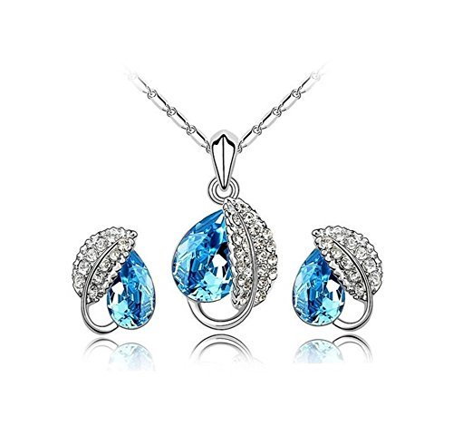 Cristal Pendientes y Colgante Collar Joyería Set Hoja Estilo Color Azul