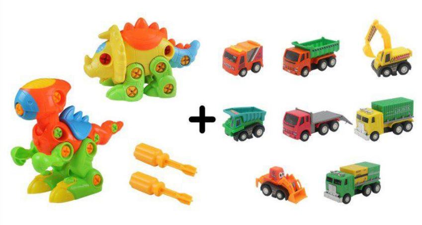 2 dinosaurios + 8 vehículos de construcción