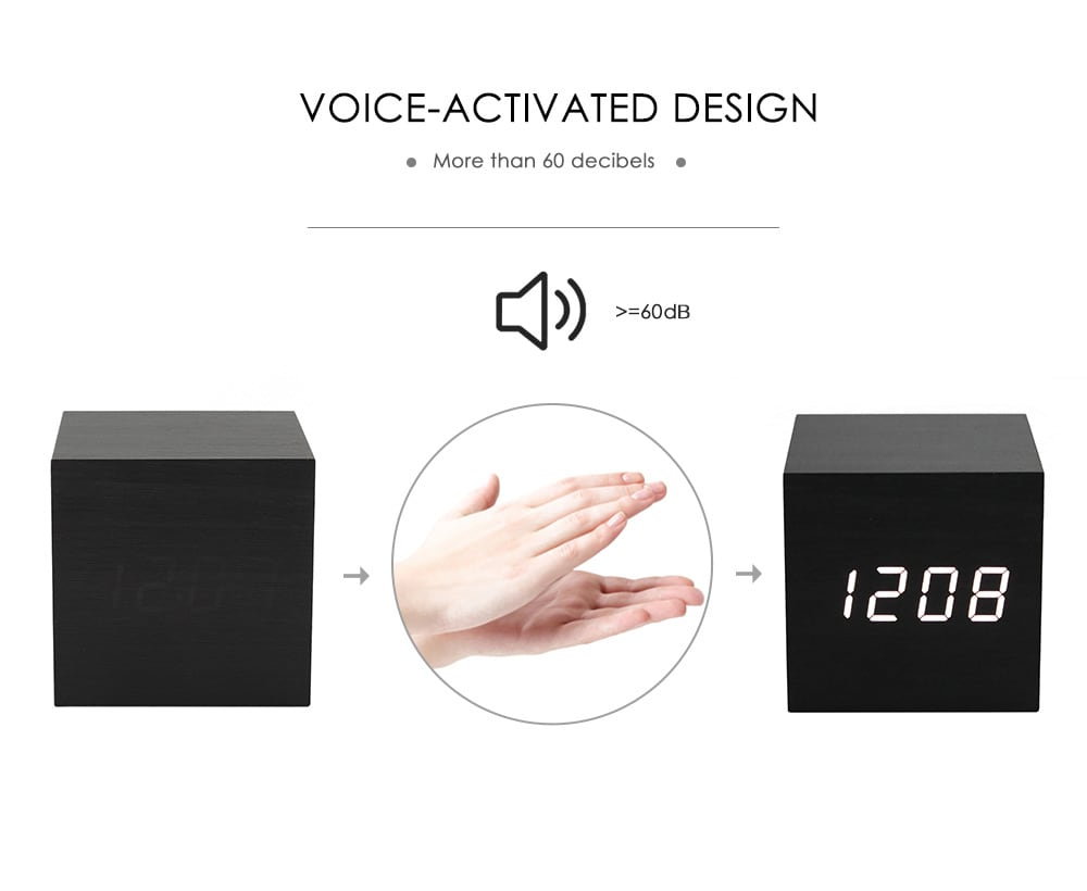 Reloj de alarma de madera con termómetro activado por voz