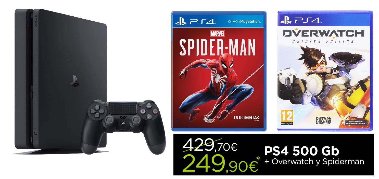 Consola PS4 Slim de 500GB + Overwatch Legendary Edition + Spider-man PS4