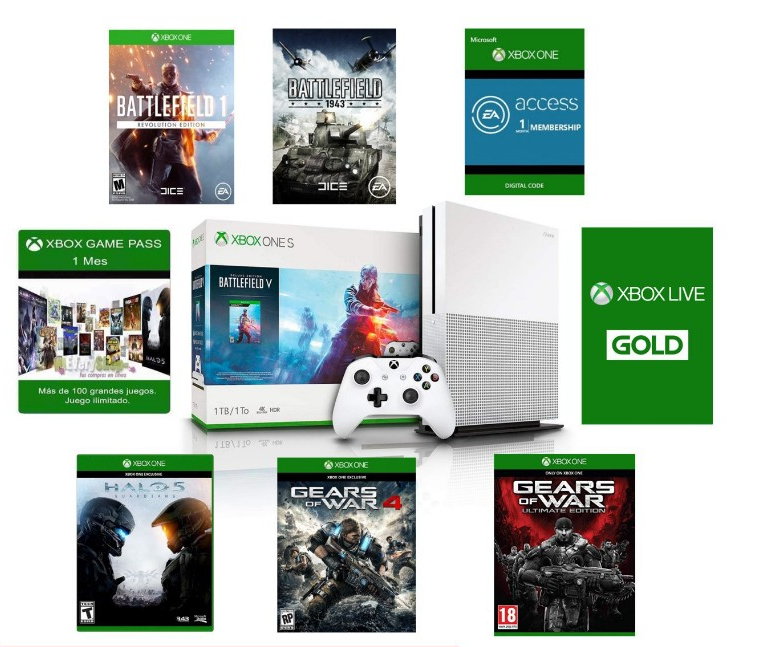 Pack Xbox One S 1TB + 6 juegos + Gamepass + LiveGold + EA access solo 239€