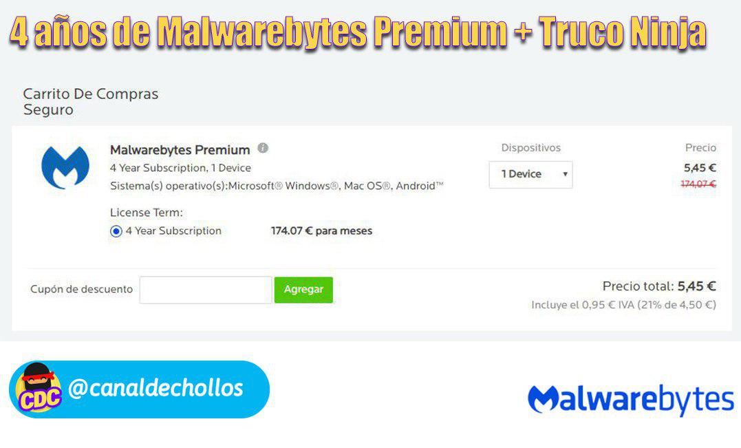4 años de Malwarebytes Premium + Truco Ninja solo 5€
