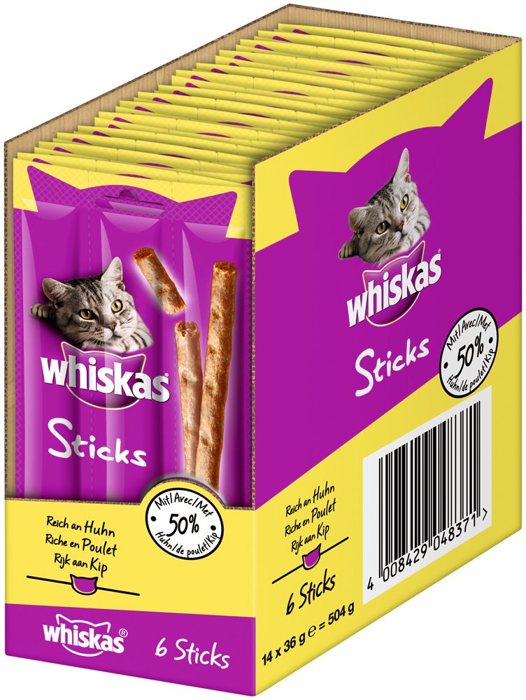 Pack 14 paquetes de sticks para gato de Whiskas solo 16,8€
